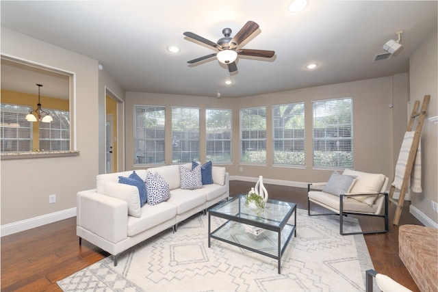 9705 Southern Hills Dr, Plano, TX 75025 - living room with ceiling fan, wood finished floors, recessed lighting, and a chandelier