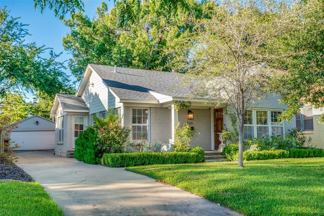 4321 El Campo Ave, Fort Worth, TX 76107 - ranch-style home with an outdoor structure, a front yard, brick siding, a detached garage, and a shingled roof