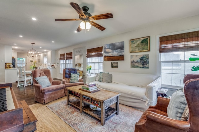 4321 El Campo Ave, Fort Worth, TX 76107 - living area featuring recessed lighting, a ceiling fan, a chandelier, and wood finished floors