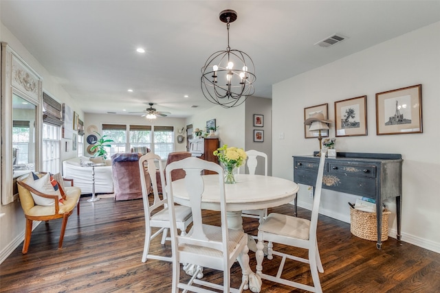 4321 El Campo Ave, Fort Worth, TX 76107 - dining space featuring dark wood-style flooring, recessed lighting, a chandelier, and ceiling fan