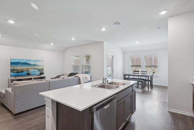 288 Thoroughbred St, Waxahachie, TX 75165 - kitchen with dishwasher, dark wood finished floors, light countertops, recessed lighting, and a center island with sink