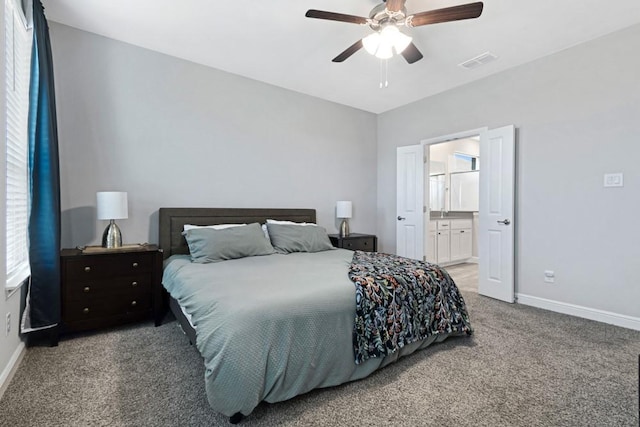 1160 Kirkham Way, Fort Worth, TX 76247 - carpeted bedroom featuring ceiling fan and connected bathroom