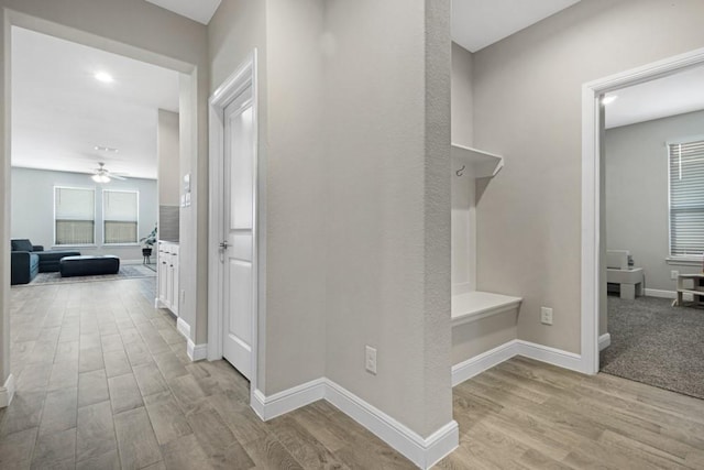 1160 Kirkham Way, Fort Worth, TX 76247 - mudroom featuring light wood-style flooring and a ceiling fan
