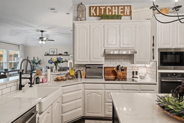 416 Springhill Dr, Hurst, TX 76054 - kitchen featuring stainless steel appliances, under cabinet range hood, decorative backsplash, ceiling fan, and vaulted ceiling