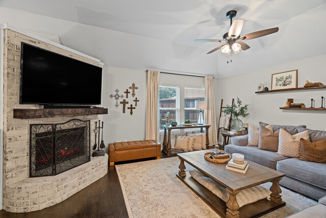 416 Springhill Dr, Hurst, TX 76054 - living area with ceiling fan, wood finished floors, and a brick fireplace
