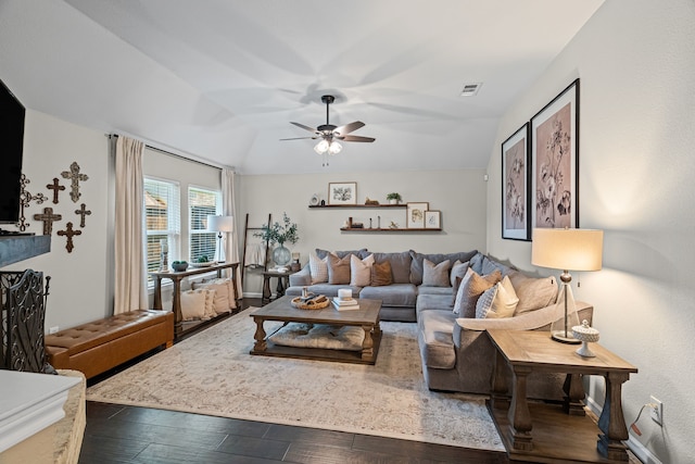 416 Springhill Dr, Hurst, TX 76054 - living room featuring a ceiling fan, wood-type flooring, and vaulted ceiling