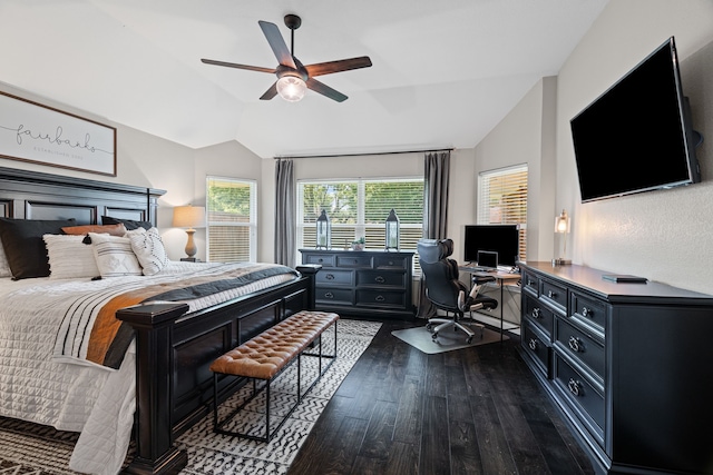 416 Springhill Dr, Hurst, TX 76054 - bedroom with vaulted ceiling, dark wood-style flooring, an office area, and a ceiling fan