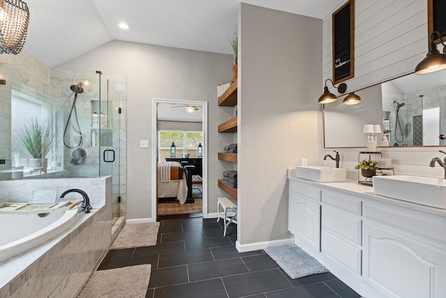 416 Springhill Dr, Hurst, TX 76054 - bathroom with vaulted ceiling, a garden tub, a stall shower, double vanity, and tile patterned floors