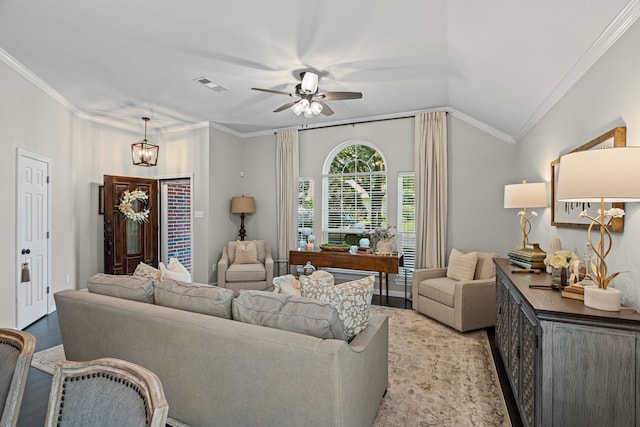 416 Springhill Dr, Hurst, TX 76054 - living area featuring a ceiling fan, crown molding, and vaulted ceiling