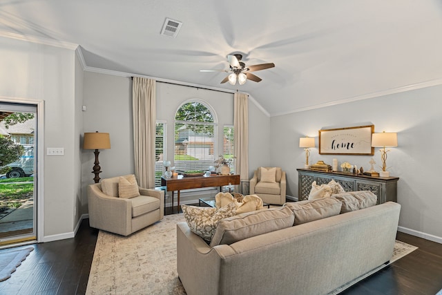 416 Springhill Dr, Hurst, TX 76054 - living room with ceiling fan, crown molding, vaulted ceiling, and dark wood-style floors