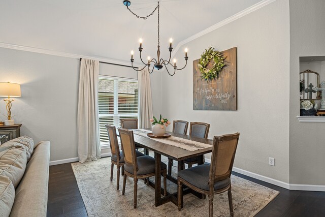 416 Springhill Dr, Hurst, TX 76054 - dining area with ornamental molding, a chandelier, and dark wood finished floors