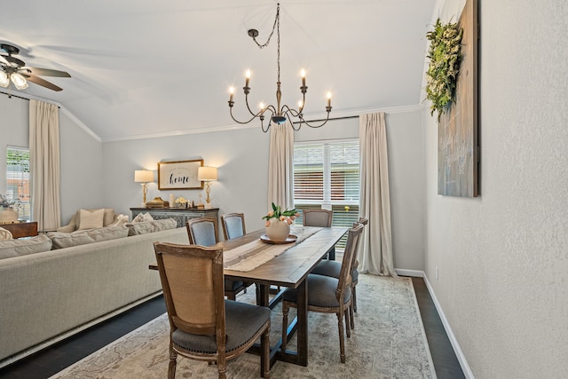 416 Springhill Dr, Hurst, TX 76054 - dining room with plenty of natural light, ornamental molding, a ceiling fan, wood finished floors, and a chandelier