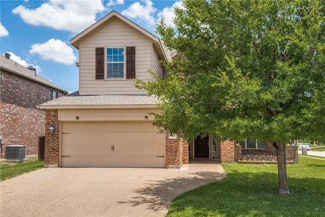 1300 Meadow Ranch Rd, Mckinney, TX 75071 - view of front of home with brick siding, an attached garage, concrete driveway, a shingled roof, and a front lawn