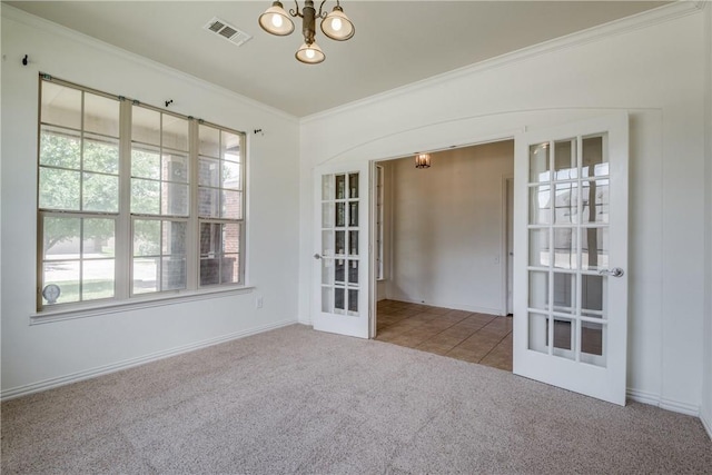 1300 Meadow Ranch Rd, Mckinney, TX 75071 - carpeted empty room featuring french doors, crown molding, and a chandelier