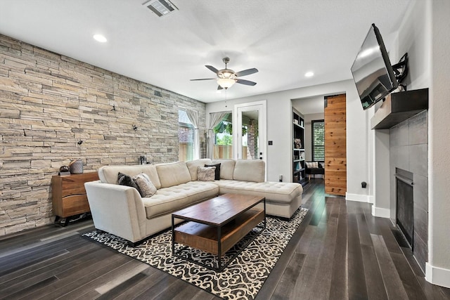 1521 Twistleaf Rd, Flower Mound, TX 76226 - living area with a ceiling fan, a fireplace, wood finished floors, and recessed lighting