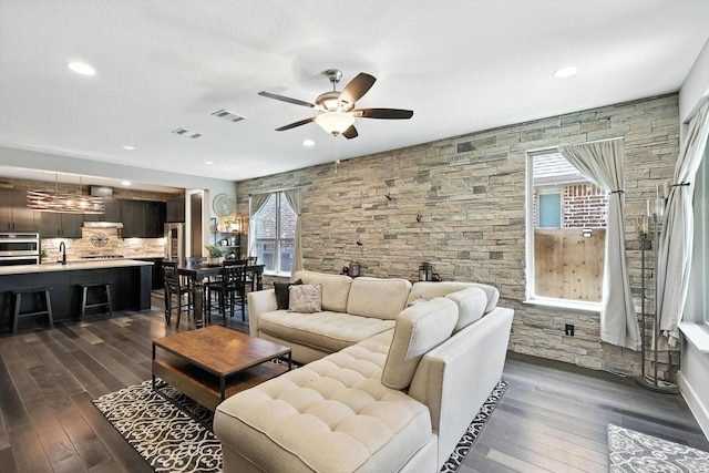 1521 Twistleaf Rd, Flower Mound, TX 76226 - living room with a ceiling fan, dark wood-style floors, and recessed lighting