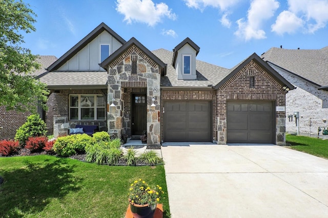 1521 Twistleaf Rd, Flower Mound, TX 76226 - view of front of property featuring brick siding, a garage, concrete driveway, board and batten siding, and a shingled roof