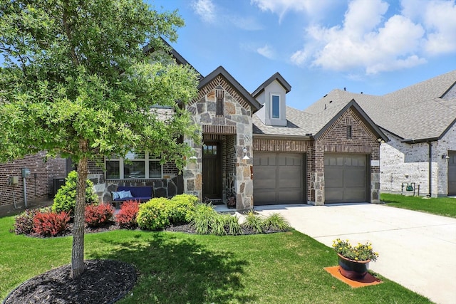 1521 Twistleaf Rd, Flower Mound, TX 76226 - view of front facade with stone siding, driveway, a garage, brick siding, and a front lawn