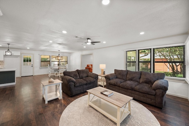 1205 Columbia Cir, Corsicana, TX 75110 - living room with recessed lighting, plenty of natural light, dark wood-style flooring, and a ceiling fan