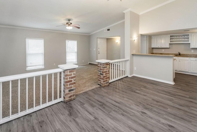 4229 Shagbark St, Fort Worth, TX 76137 - unfurnished room featuring vaulted ceiling, ceiling fan, crown molding, and dark wood finished floors