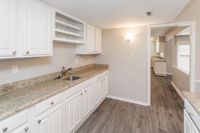 4229 Shagbark St, Fort Worth, TX 76137 - kitchen with wood finished floors, white cabinetry, light stone counters, and open shelves