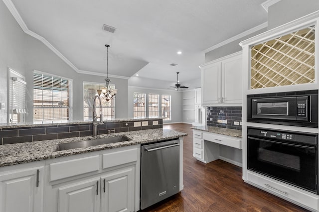 714 Bryson Way, Southlake, TX 76092 - kitchen with black appliances, decorative backsplash, white cabinets, dark wood-style flooring, and light stone countertops