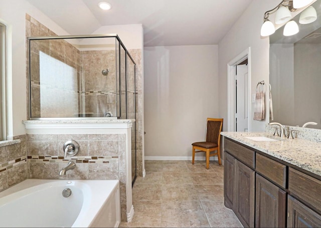 505 Reatta Dr, Justin, TX 76247 - full bathroom featuring a bath, a stall shower, vanity, tile patterned flooring, and recessed lighting