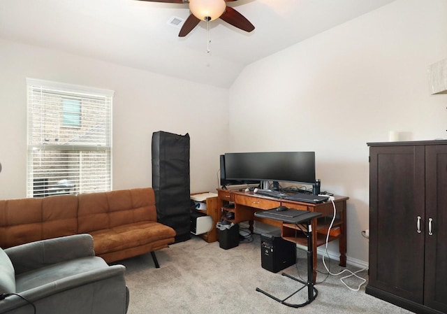 505 Reatta Dr, Justin, TX 76247 - home office with ceiling fan, light carpet, and vaulted ceiling