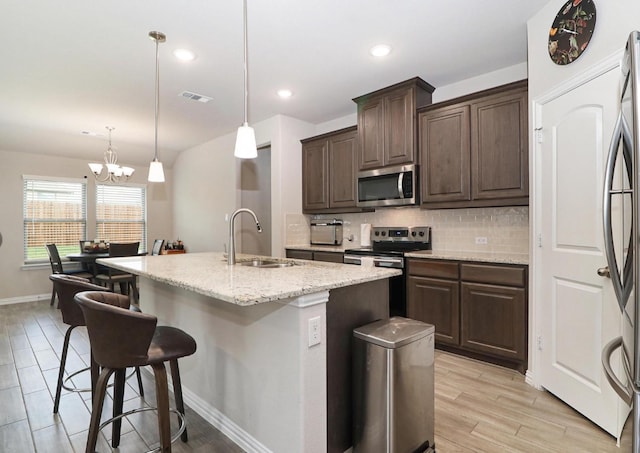 505 Reatta Dr, Justin, TX 76247 - kitchen with appliances with stainless steel finishes, backsplash, a chandelier, dark brown cabinets, and an island with sink