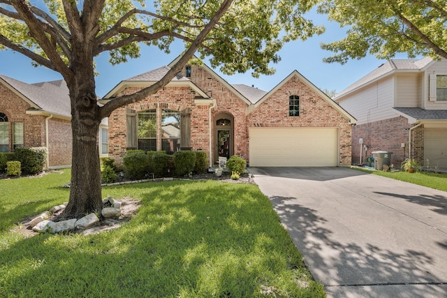 2823 Coteau Way, Dallas, TX 75227 - traditional-style house featuring brick siding, concrete driveway, an attached garage, and a front yard