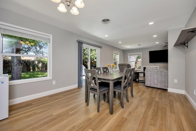 5125 Susan Lee Ln, North Richland Hills, TX 76180 - dining area featuring a chandelier, light wood-style floors, recessed lighting, and ceiling fan