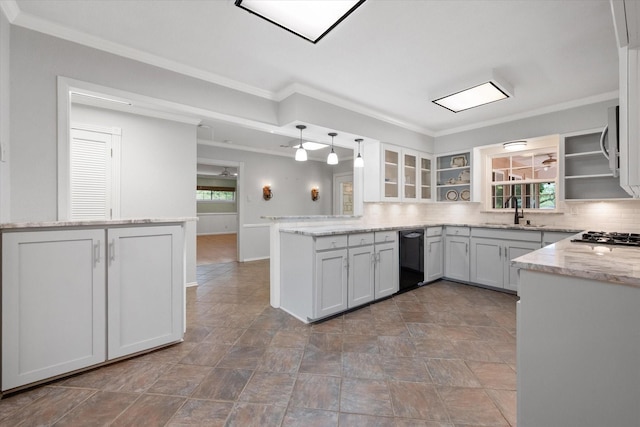 1215 Columbia Cir, Corsicana, TX 75110 - kitchen featuring black dishwasher, a peninsula, open shelves, decorative backsplash, and ornamental molding