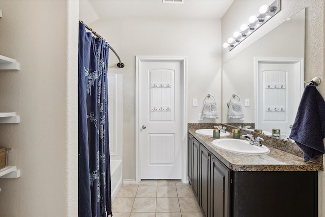616 Cameron Way, Azle, TX 76020 - bathroom with tile patterned flooring, double vanity, and shower / bathtub combination with curtain