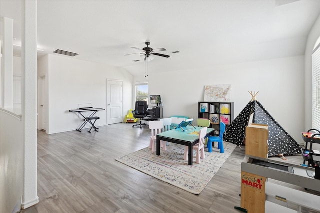 616 Cameron Way, Azle, TX 76020 - game room featuring ceiling fan, wood finished floors, and vaulted ceiling