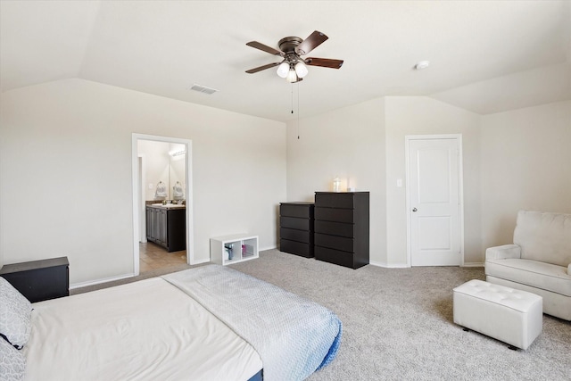 616 Cameron Way, Azle, TX 76020 - carpeted bedroom featuring vaulted ceiling, a ceiling fan, and connected bathroom