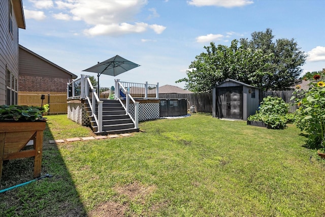616 Cameron Way, Azle, TX 76020 - fenced backyard featuring a storage unit, stairs, and a deck