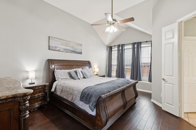 5606 Bay Meadows Dr, Frisco, TX 75034 - bedroom featuring lofted ceiling, dark wood-style floors, and ceiling fan