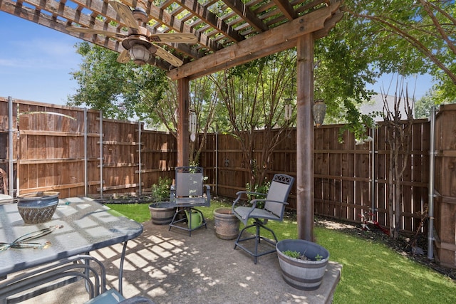5606 Bay Meadows Dr, Frisco, TX 75034 - fenced backyard featuring a pergola, ceiling fan, and a patio area