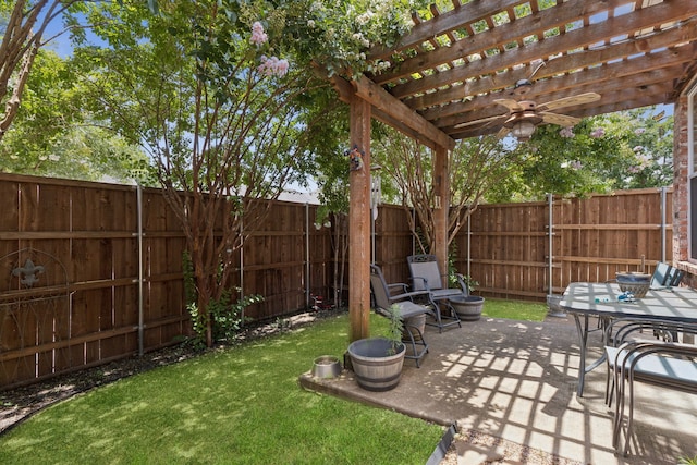 5606 Bay Meadows Dr, Frisco, TX 75034 - fenced backyard featuring a pergola, a ceiling fan, and a patio