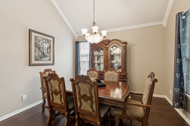 5606 Bay Meadows Dr, Frisco, TX 75034 - dining room with a chandelier, ornamental molding, lofted ceiling, and dark wood-style flooring