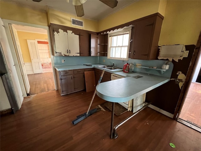 2928 Pine Ave, Waco, TX 76708 - kitchen with dark wood-style flooring, a peninsula, ceiling fan, open shelves, and light countertops