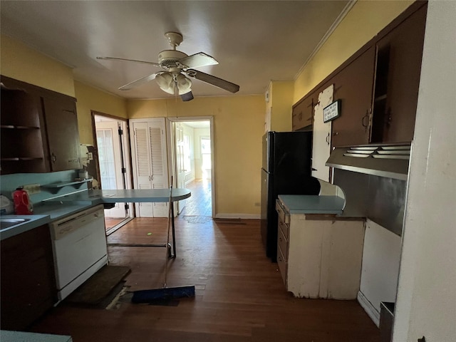 2928 Pine Ave, Waco, TX 76708 - kitchen featuring white dishwasher, a ceiling fan, wood finished floors, and freestanding refrigerator