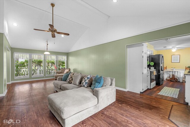 110 Elmview Ln, Haughton, LA 71037 - living room with a ceiling fan, vaulted ceiling, dark wood-style flooring, and recessed lighting