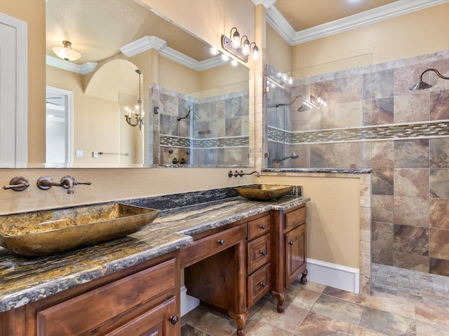 830 Cemetery Rd, Decatur, TX 76234 - full bath featuring double vanity, walk in shower, crown molding, and a chandelier