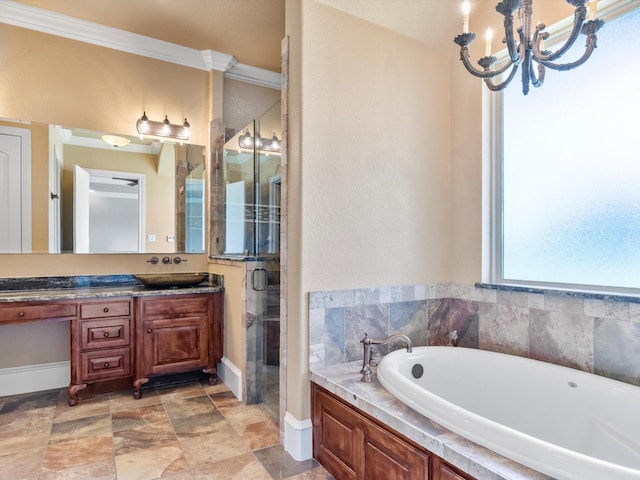 830 Cemetery Rd, Decatur, TX 76234 - bathroom featuring vanity, a garden tub, ornamental molding, a shower stall, and a chandelier