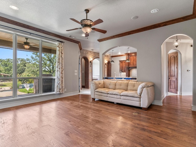830 Cemetery Rd, Decatur, TX 76234 - living area featuring arched walkways, ceiling fan, crown molding, wood finished floors, and a textured ceiling