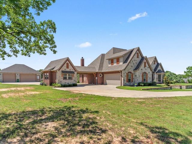 830 Cemetery Rd, Decatur, TX 76234 - french provincial home featuring a garage, a chimney, stone siding, a front yard, and concrete driveway