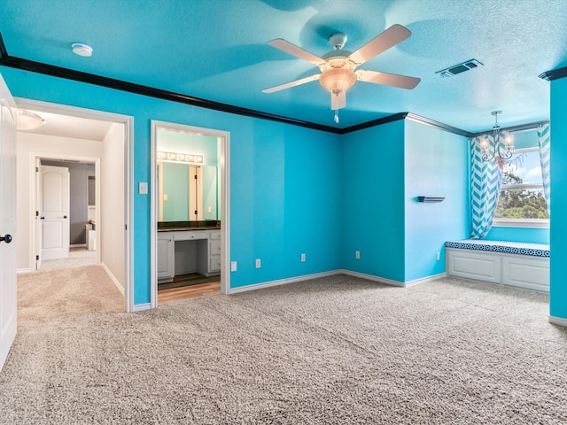 830 Cemetery Rd, Decatur, TX 76234 - unfurnished bedroom featuring carpet, crown molding, a textured ceiling, a chandelier, and ceiling fan