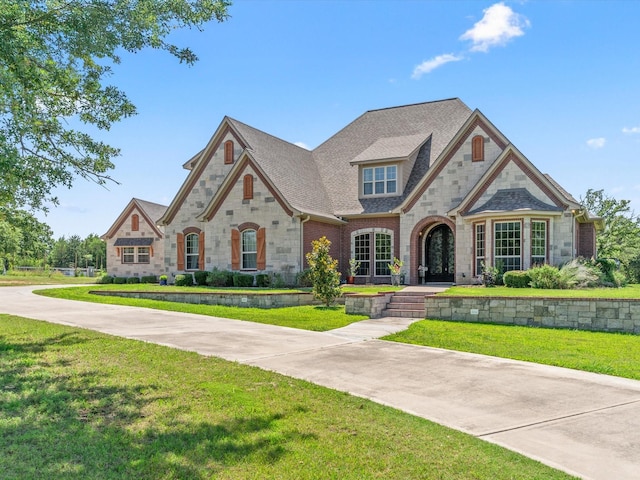 830 Cemetery Rd, Decatur, TX 76234 - french country home with stone siding, a front yard, and roof with shingles