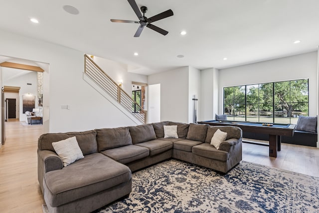 1890 Mcconnell Rd, Gunter, TX 75058 - living room featuring light wood finished floors, billiards, recessed lighting, a ceiling fan, and stairway